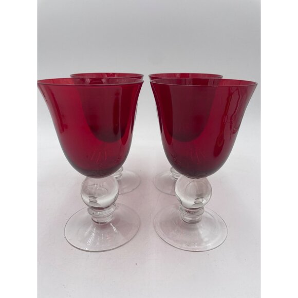 Set Of 4 Vintage Ruby Red Glass Goblets  Clear Ball Stems READ - Picture 9 of 9